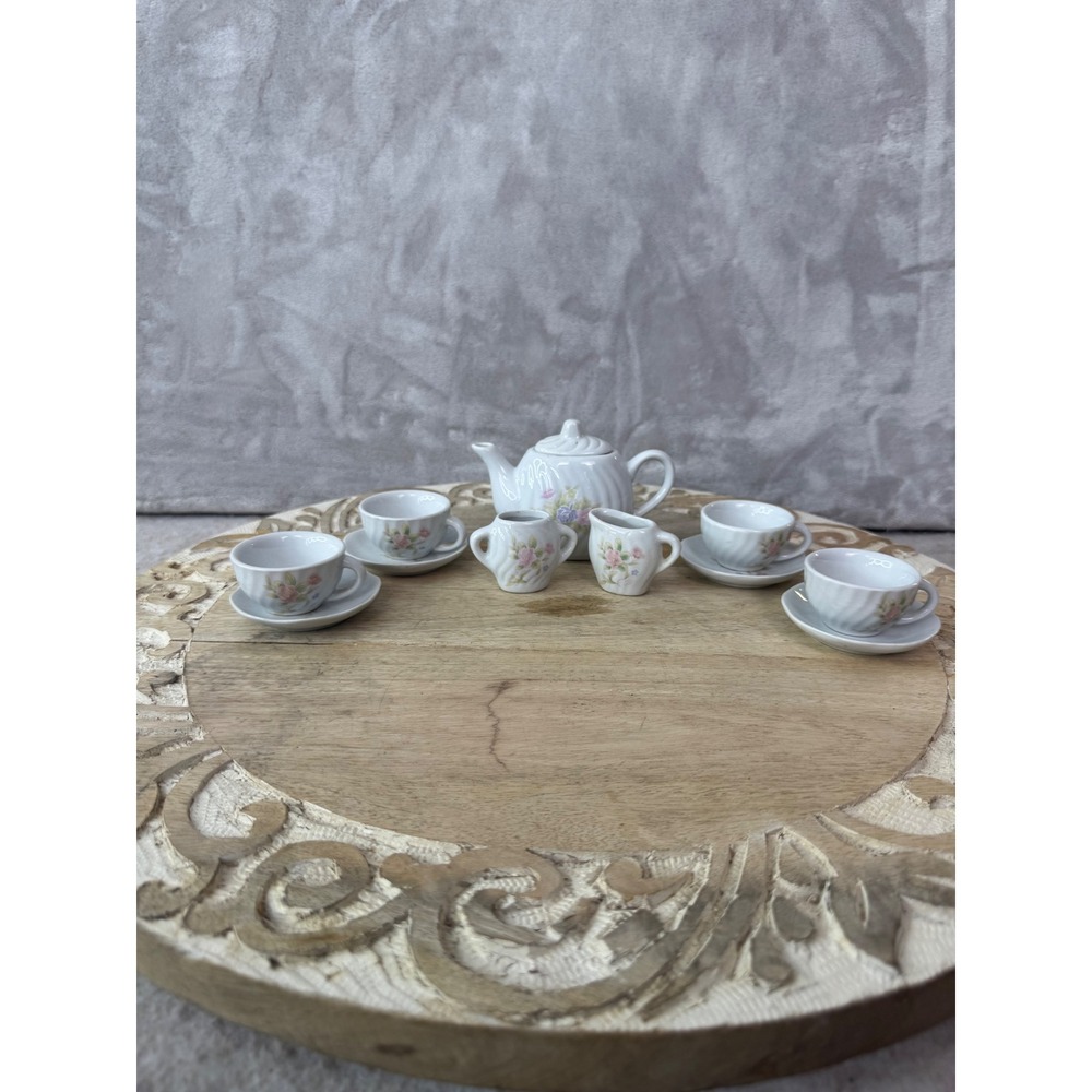 Vintage Miniature‎ Porcelain Tea Set 11pc White Pink Floral Rose Swirl Design